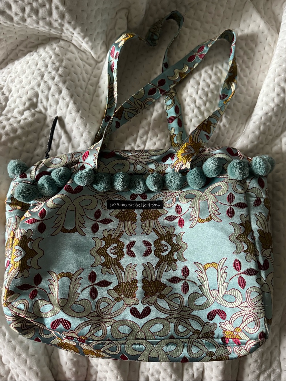 Petunia Pickle Bottom Teal Floral-Pattern Tote with Pom-Pom Trim